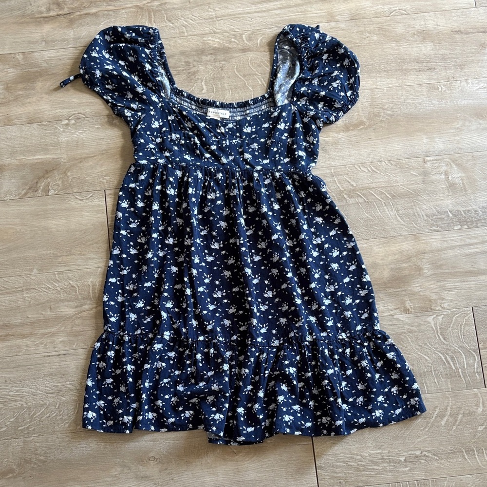 Aeropostale Navy Floral Dress Fit and Flare Smocked Back Size Small